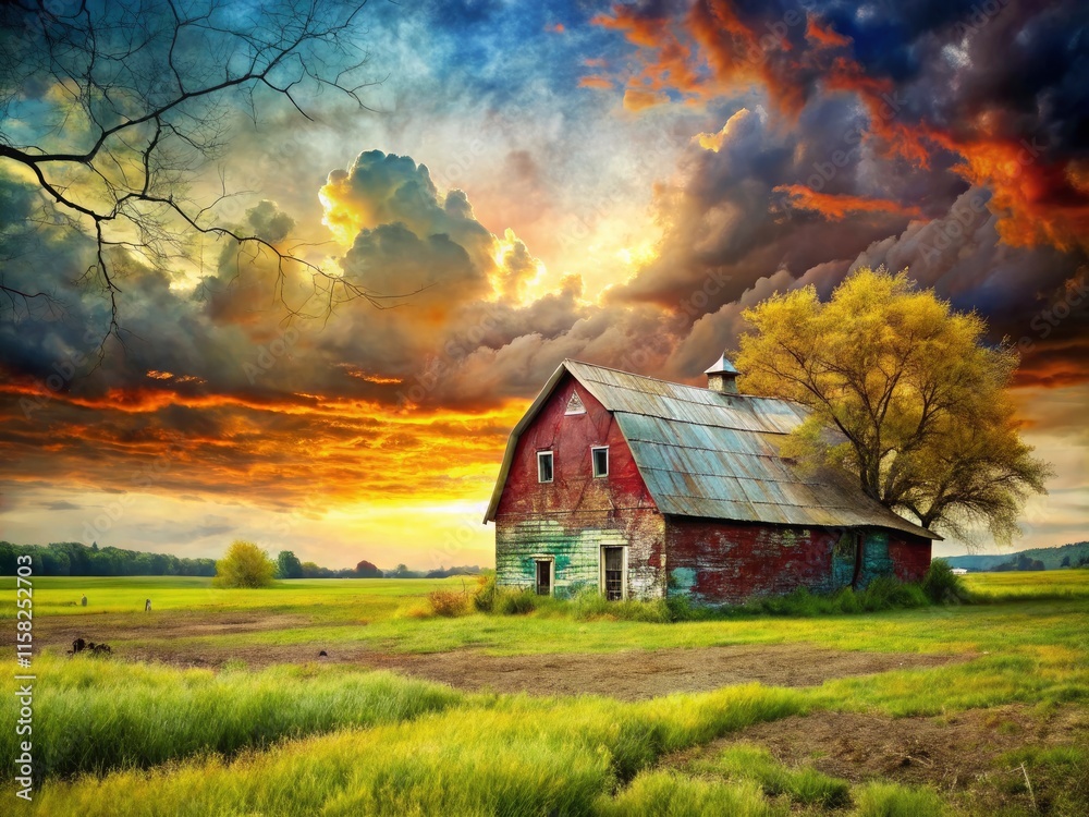 Obraz premium Abstract grunge background: weathered rural landscape, aged paint, rustic farmland texture.
