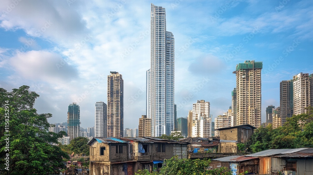 Fototapeta premium Luxury skyscraper contrasts with rundown shacks in urban landscape showcasing economic disparity. Generative AI