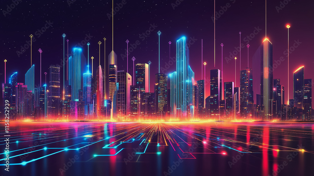 Smart Innovation city with connection cyber security network reciprocity over the night cityscape future wireless digital city and social media networking systems that connects people in the city Smart Innovation city with connection cyber security network reciprocity over the night cityscape future wireless digital city and social media networking systems that connects people in the city