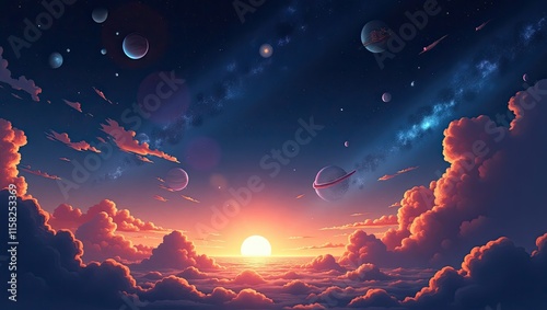 Photo of anime interior wallpaper with imaginary sunset background 