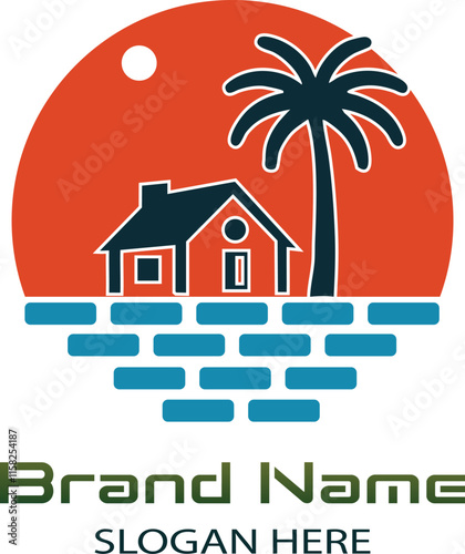 Beach House Logo with Tropical Sunset and Palm Tree