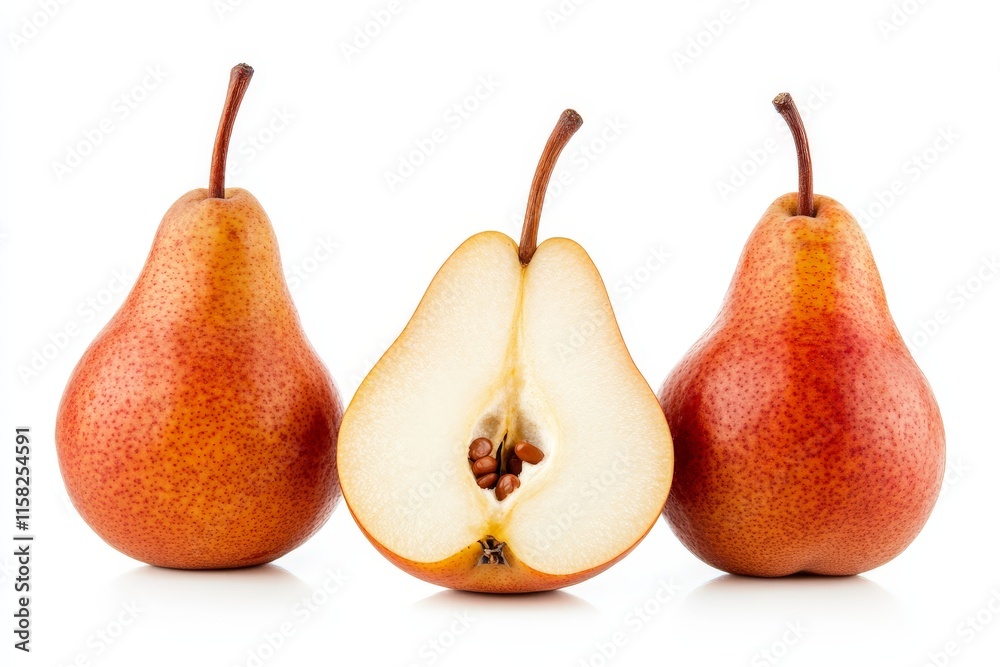 A pear halved with visible seeds, placed beside whole pears, cleanly isolated on white A pear halved with visible seeds, placed beside whole pears, cleanly isolated on white