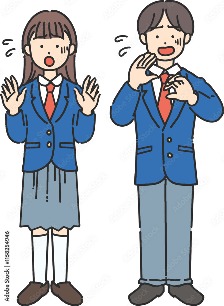 制服を着た男子学生と女子学生が焦っている全身イラスト