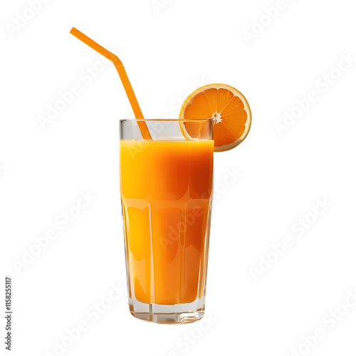 glass of orange juice with straw on white background