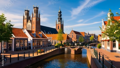 bridge over a canal with buildings and trees