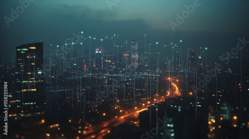 Wallpaper Mural Smart Innovation city with connection cyber security network reciprocity over the night cityscape future wireless digital city and social media networking systems that connects people in the city Torontodigital.ca