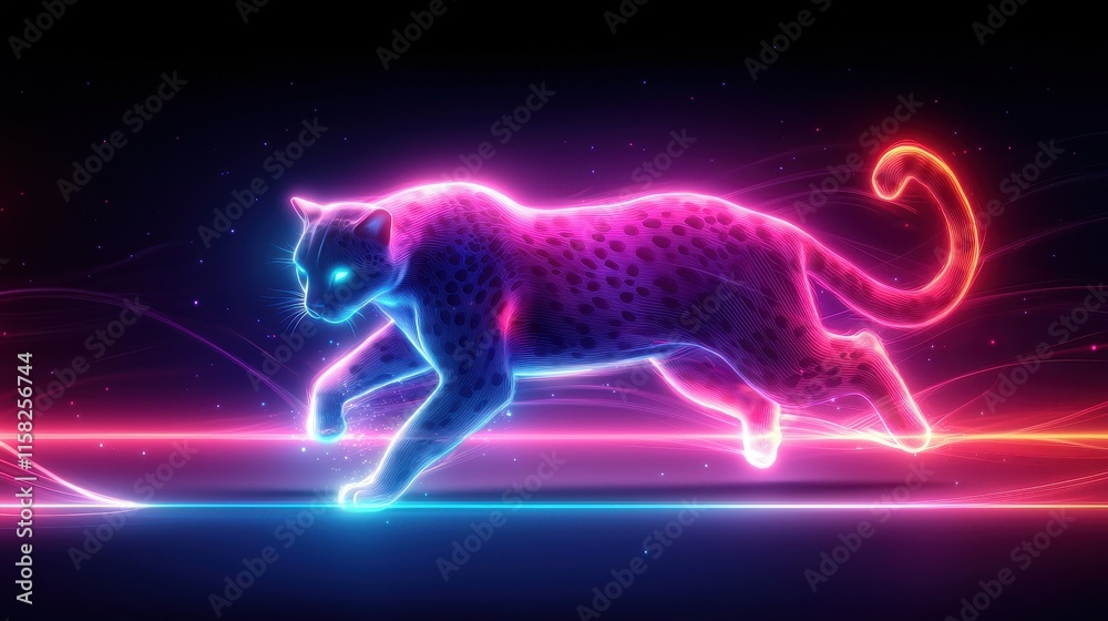 A glowing neon cheetah sprinting across a radiant desert landscape, its body outlined in vibrant orange and cyan gradients, surrounded by swirling light trails and shimmering particles that A glowing neon cheetah sprinting across a radiant desert landscape, its body outlined in vibrant orange and cyan gradients, surrounded by swirling light trails and shimmering particles that
