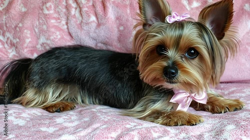 Cute small dog wearing pink bow rests comfortably on soft blanket while looking at the camera