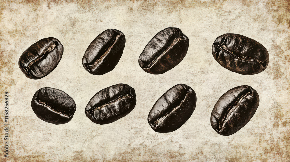 Fototapeta premium dynamic arrangement of coffee beans on textured background creates inviting atmosphere for coffee lovers. rich colors and unique shapes highlight beauty of these beans
