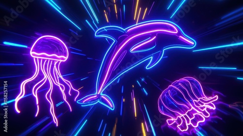 A glowing neon dolphin swimming alongside radiant jellyfish in a glowing ocean, its sleek body outlined in vibrant teal and orange, surrounded by shimmering bubbles and swirling light trails.  photo