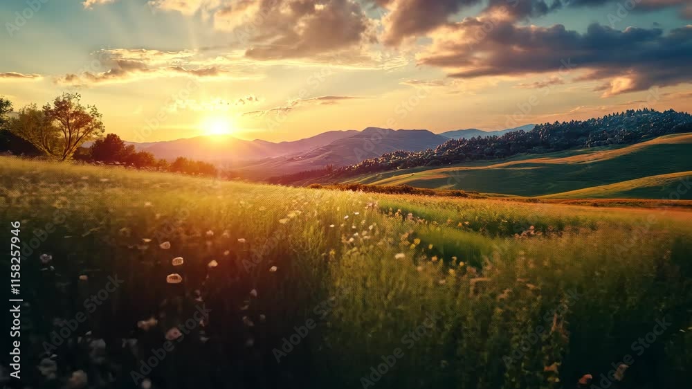 Sunset over Flower Field and Mountain Range Sunset over Flower Field and Mountain Range