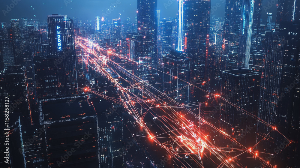 Smart Innovation city with connection cyber security network reciprocity over the night cityscape future wireless digital city and social media networking systems that connects people in the city Smart Innovation city with connection cyber security network reciprocity over the night cityscape future wireless digital city and social media networking systems that connects people in the city