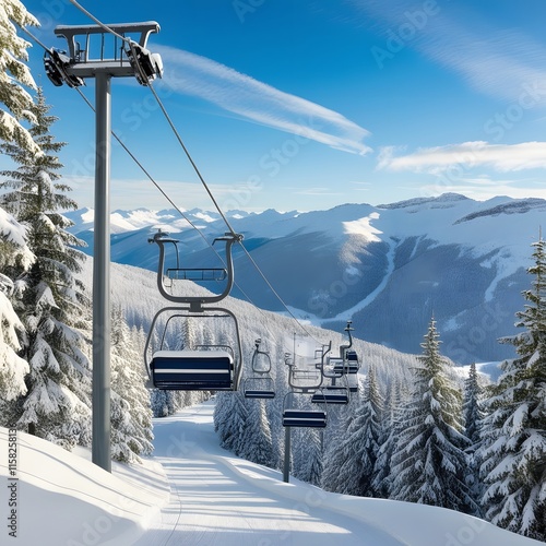 chair lift with snow covered trees and mountains