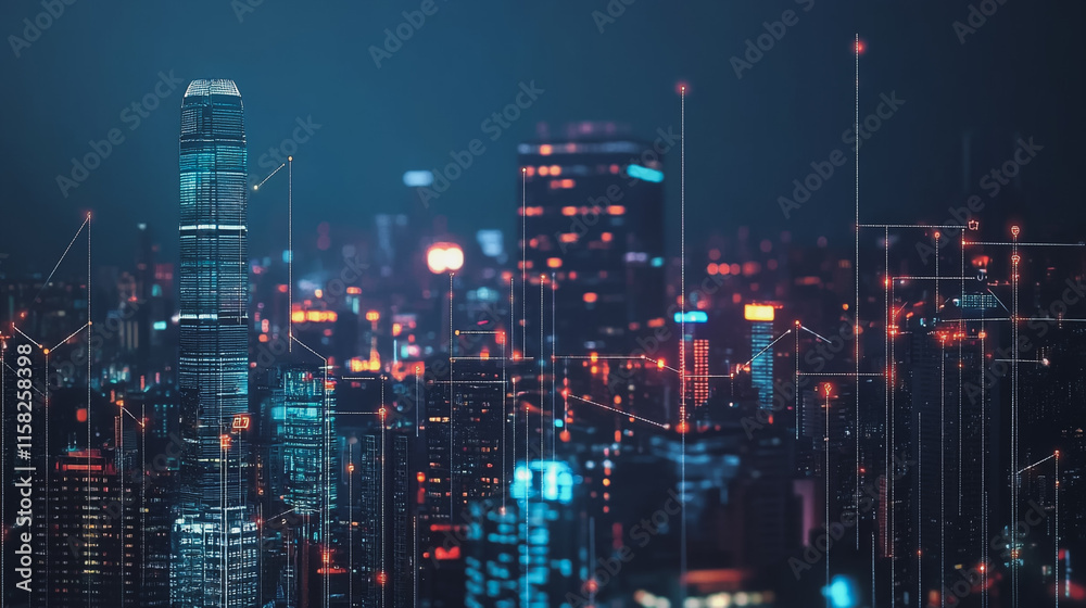 Smart Innovation city with connection cyber security network reciprocity over the night cityscape future wireless digital city and social media networking systems that connects people in the city Smart Innovation city with connection cyber security network reciprocity over the night cityscape future wireless digital city and social media networking systems that connects people in the city