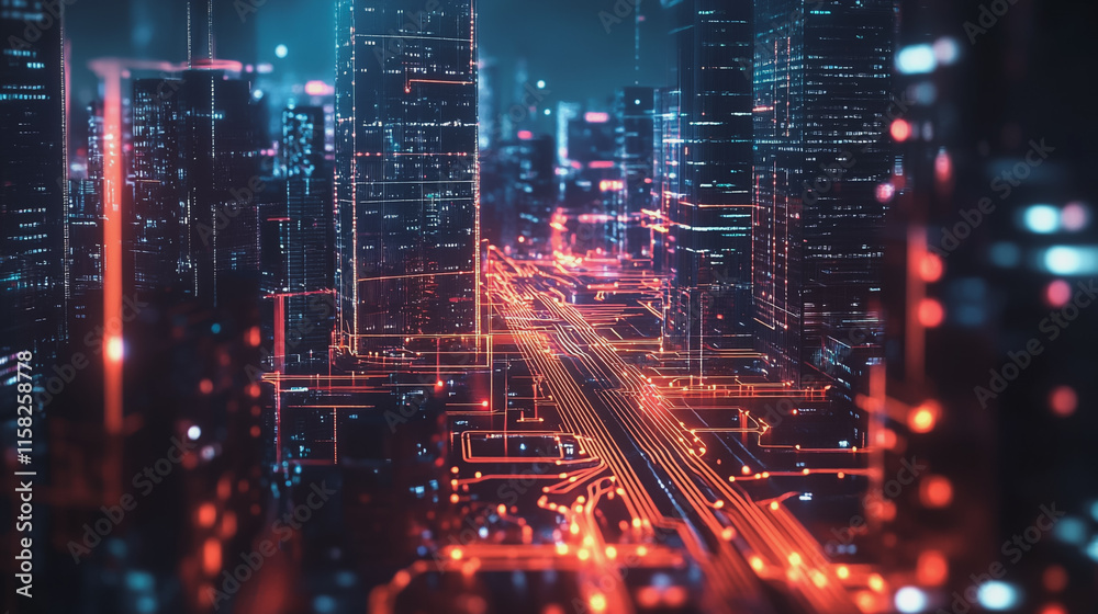Smart Innovation city with connection cyber security network reciprocity over the night cityscape future wireless digital city and social media networking systems that connects people in the city Smart Innovation city with connection cyber security network reciprocity over the night cityscape future wireless digital city and social media networking systems that connects people in the city