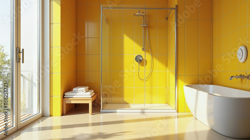 Vibrant Yellow Bathroom with Modern Shower and Bathtub in Sunlit Interior Design
