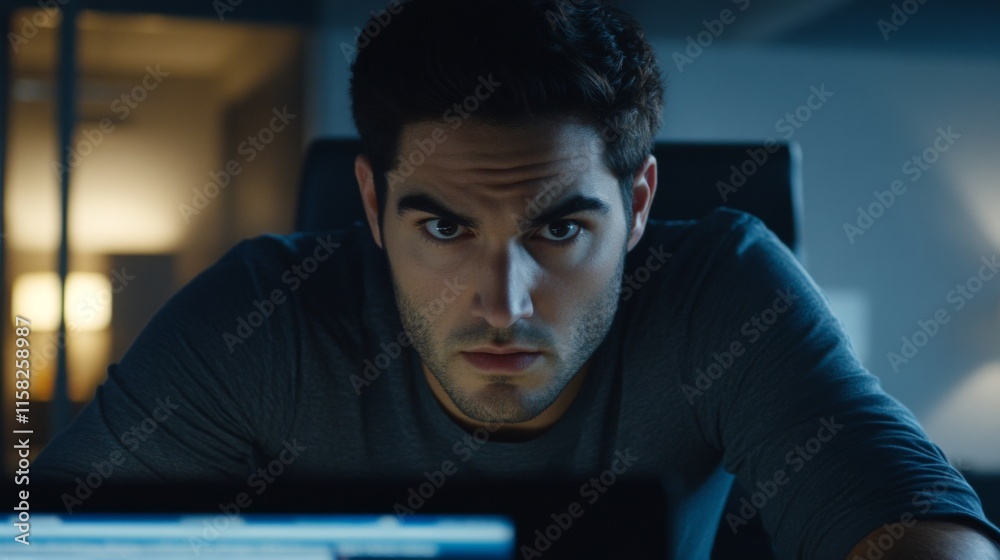 Person looking worried at computer screen, reflecting the pressures and challenges of modern digital life. Navigating complex technology and information overload. Person looking worried at computer screen, reflecting the pressures and challenges of modern digital life. Navigating complex technology and information overload.