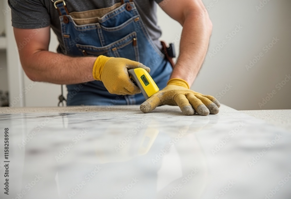 Professional Installer with Level Tool Ensuring Flawless Marble Tabletop Fit Professional Installer with Level Tool Ensuring Flawless Marble Tabletop Fit