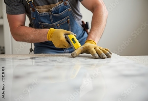 Professional Installer with Level Tool Ensuring Flawless Marble Tabletop Fit