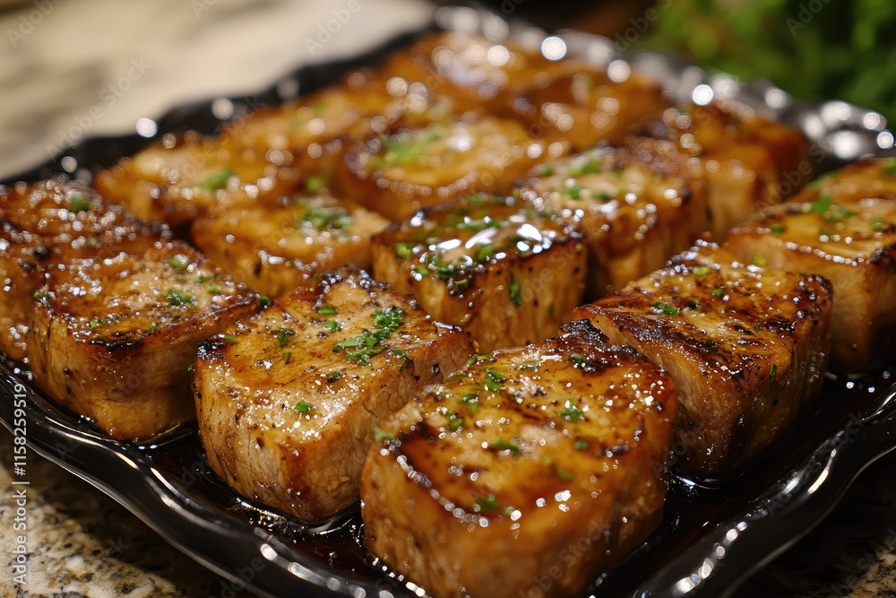 Sizzling pork medallions frying in pan with herbs and spices