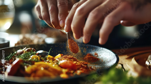 Close up of hands adding spices to beautifully arranged dish, showcasing vibrant colors and textures. scene captures art of cooking and joy of flavor enhancement
