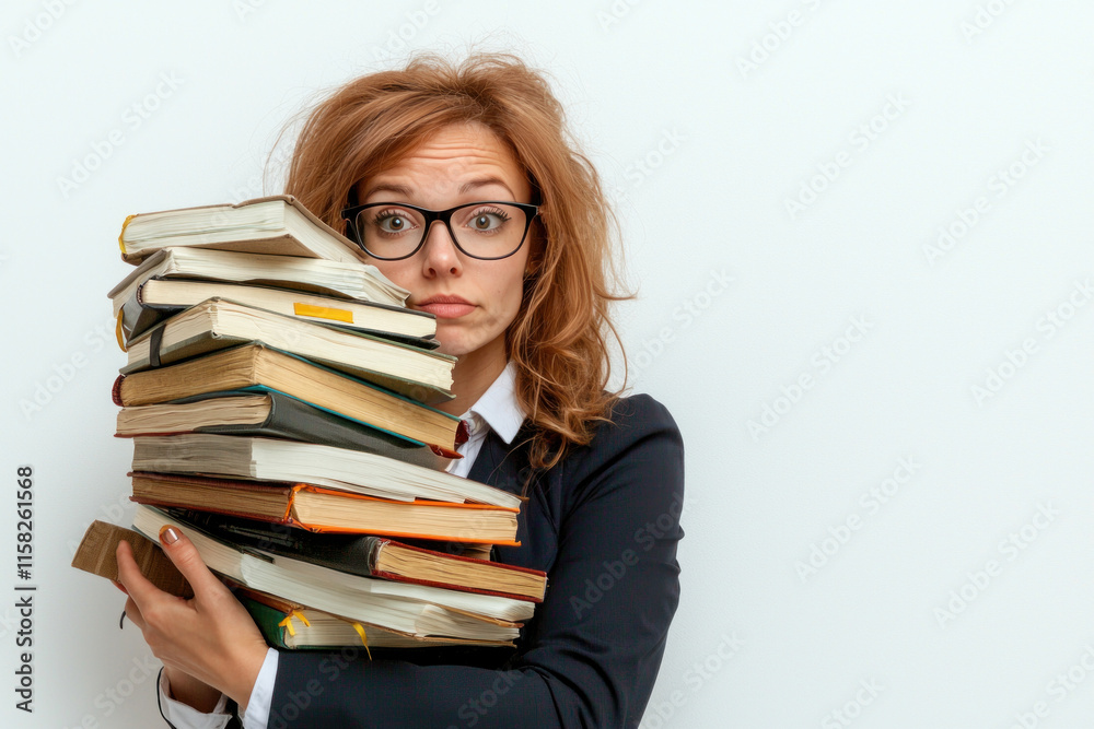 Overwhelmed woman holding large stack of books Overwhelmed woman holding large stack of books