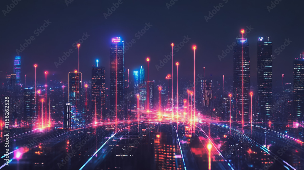 Smart Innovation city with connection cyber security network reciprocity over the night cityscape future wireless digital city and social media networking systems that connects people in the city Smart Innovation city with connection cyber security network reciprocity over the night cityscape future wireless digital city and social media networking systems that connects people in the city