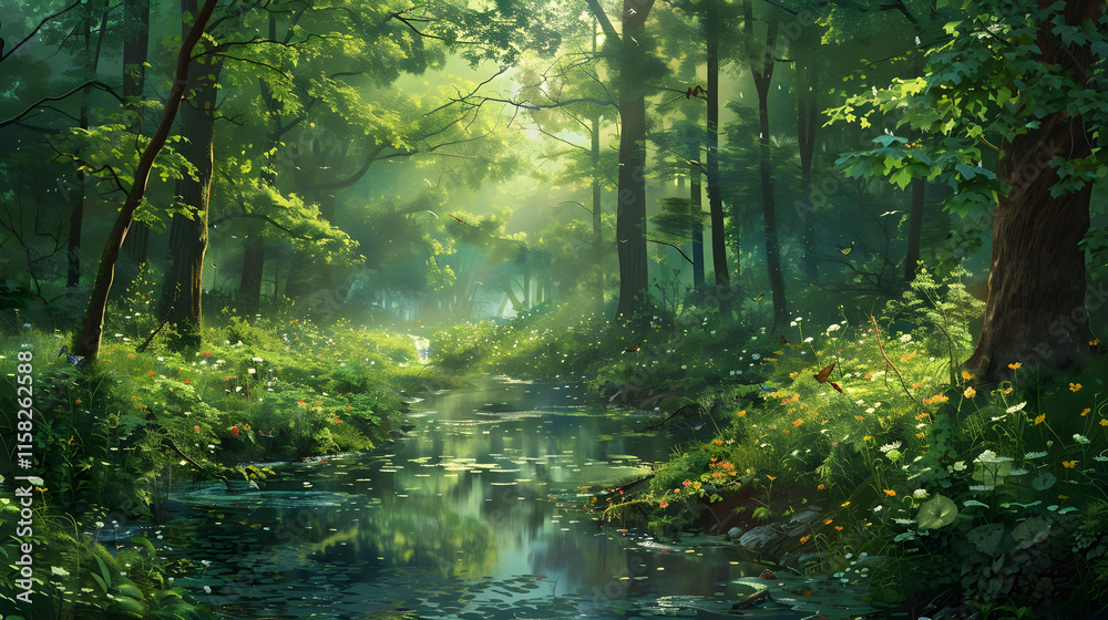 Serene Forest Oasis: Sunlit Canopy and Meandering Stream Amidst Vibrant Foliage Serene Forest Oasis: Sunlit Canopy and Meandering Stream Amidst Vibrant Foliage