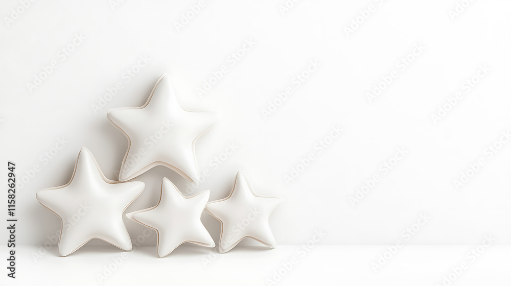 Soft white star shaped cushions arranged on minimalist background create serene atmosphere Soft white star shaped cushions arranged on minimalist background create serene atmosphere