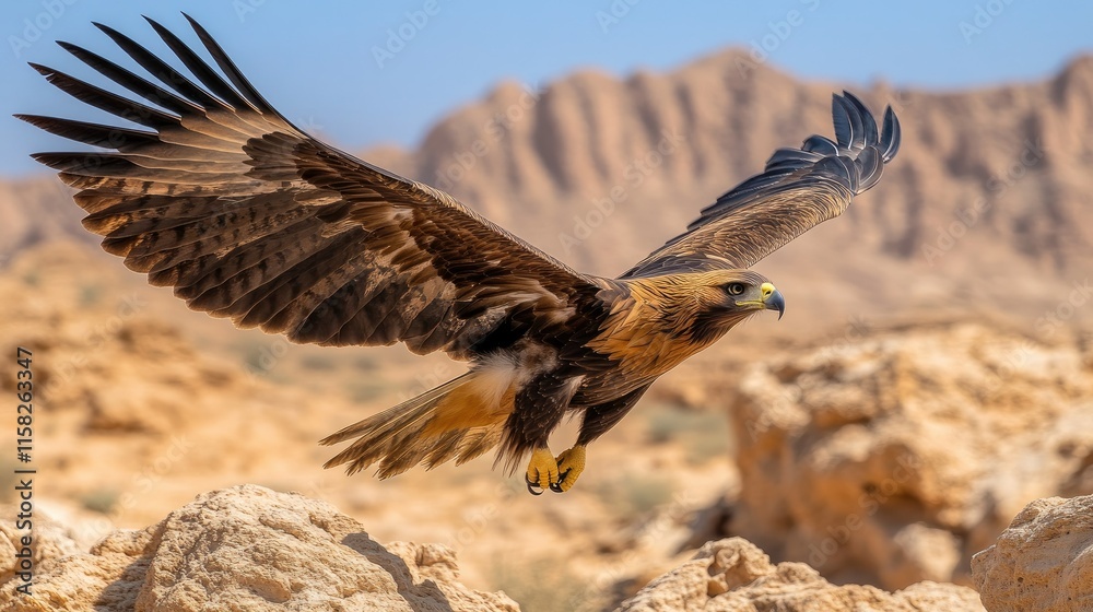 Fototapeta premium Majestic eagle in flight over rocky desert landscape.