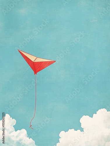 Colorful kite soaring in a bright blue sky with fluffy clouds and ample copy space for creative text. Generative AI