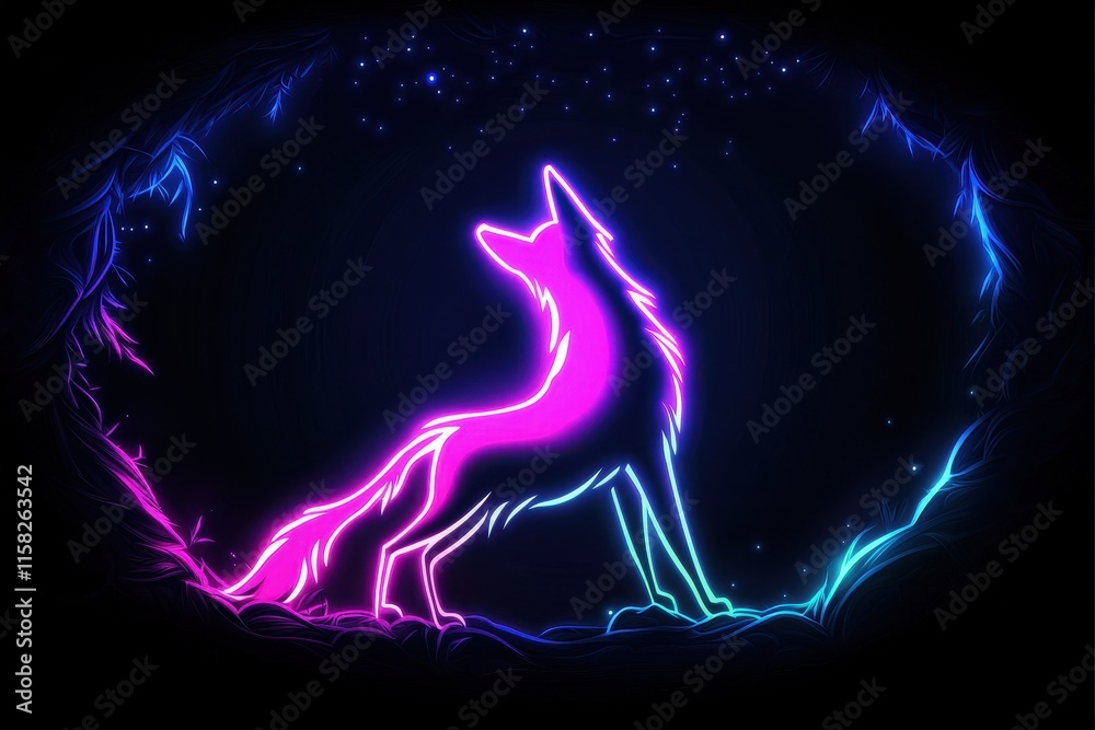 A radiant neon fox standing under a glowing aurora sky, its fur highlighted in magenta and cyan gradients, surrounded by swirling sparkles and faint mist for a serene and magical forest vibe. A radiant neon fox standing under a glowing aurora sky, its fur highlighted in magenta and cyan gradients, surrounded by swirling sparkles and faint mist for a serene and magical forest vibe.