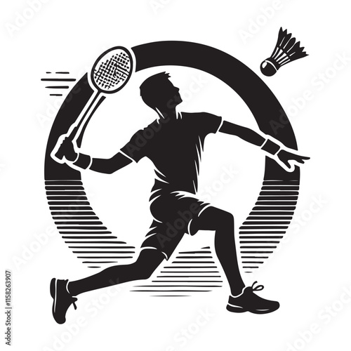Badminton Silhouette Vector Illustration, Solid White Background.