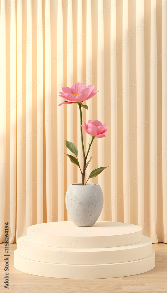 Obraz premium Pink flowers in a gray pot on a podium with beige curtains and soft sunlight