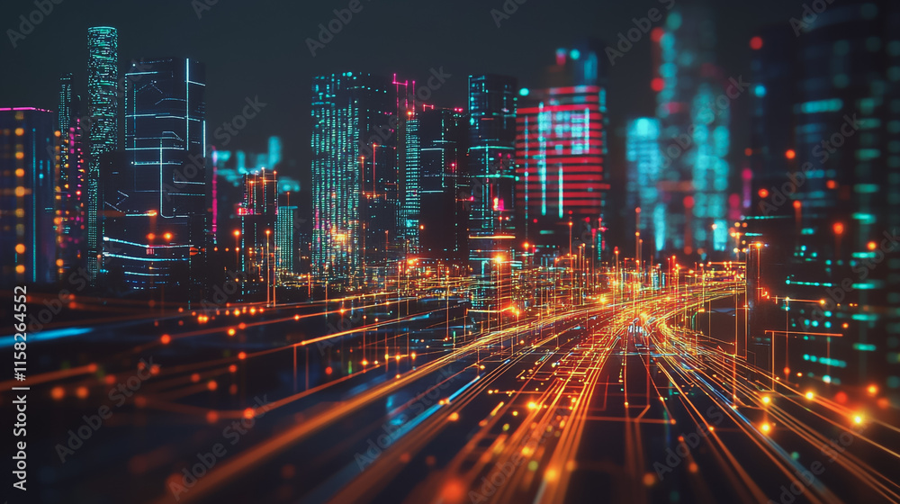Smart Innovation city with connection cyber security network reciprocity over the night cityscape future wireless digital city and social media networking systems that connects people in the city Smart Innovation city with connection cyber security network reciprocity over the night cityscape future wireless digital city and social media networking systems that connects people in the city
