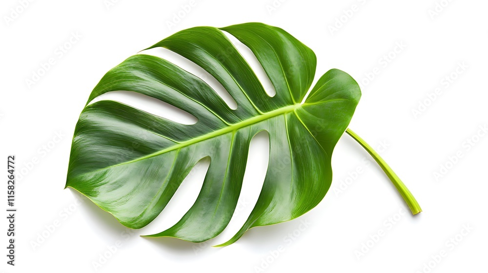 A single vibrant green Monstera leaf isolated on white A single vibrant green Monstera leaf isolated on white