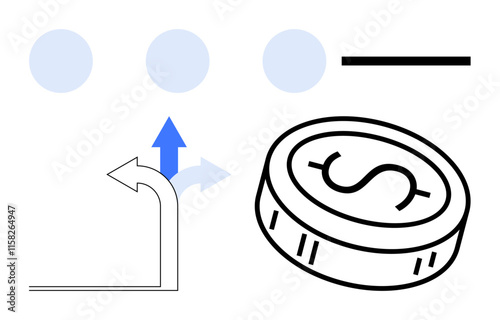 Circular coin with dollar sign, single horizontal line, three dots, and directional arrows. Ideal for financial planning, decision-making, investment strategies, economic illustrations, business