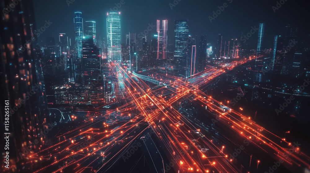 Smart Innovation city with connection cyber security network reciprocity over the night cityscape future wireless digital city and social media networking systems that connects people in the city Smart Innovation city with connection cyber security network reciprocity over the night cityscape future wireless digital city and social media networking systems that connects people in the city