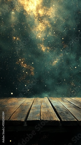 Rustic wooden table against a dreamy, night sky backdrop. photo