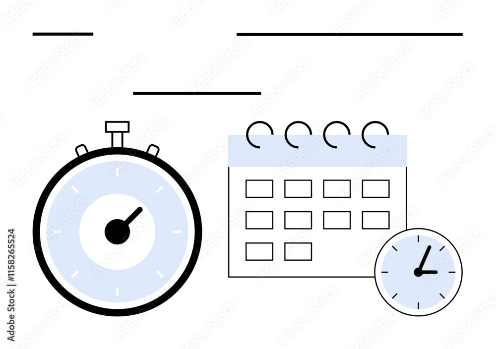 Obraz premium Stopwatch calendar with spiral binding, clock in line art style. Ideal for productivity, scheduling, organization, planning, efficiency, deadline tracking. Line metaphor