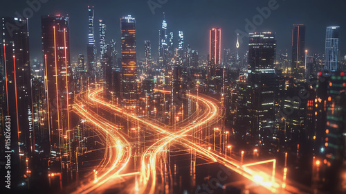 Wallpaper Mural Smart Innovation city with connection cyber security network reciprocity over the night cityscape future wireless digital city and social media networking systems that connects people in the city Torontodigital.ca