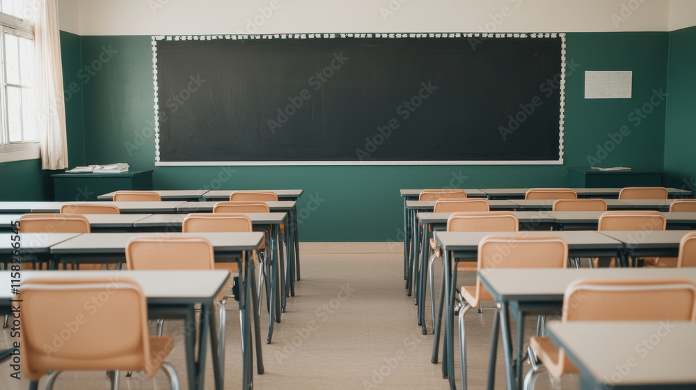 A spacious classroom featuring neatly arranged desks facing a large blackboard, creating an inviting learning environment. A spacious classroom featuring neatly arranged desks facing a large blackboard, creating an inviting learning environment.