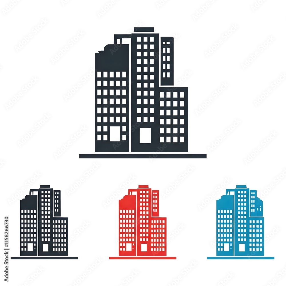 Stylish Building Icon Design Featuring Black, Red, and Blue, city skyline vector Stylish Building Icon Design Featuring Black, Red, and Blue, city skyline vector