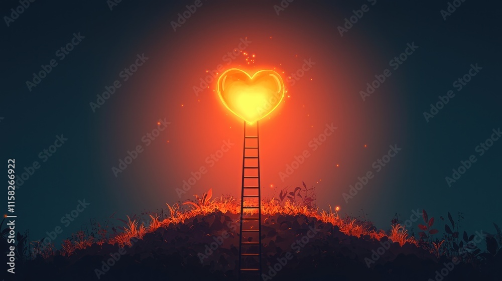 Fototapeta premium A glowing heart-shaped light shines brightly from the top of a ladder, surrounded by plants and an enchanting dark backdrop, symbolizing hope and aspiration.
