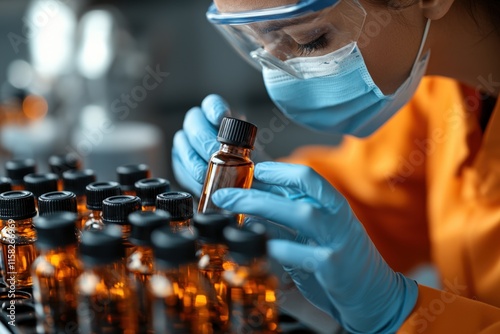 Laboratory scientist examining samples research facility scientific analysis controlled environment close-up view quality control photo