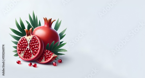 A pomegranate cut in half with leaves and leaves around it Image & Design ID with , generater ai photo