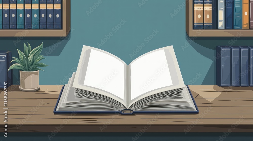Fototapeta premium Open Book on Wooden Table in Cozy Library Setting with Bookshelves Filled with Colorful Literature and a Touch of Greenery for Inviting Study Atmosphere