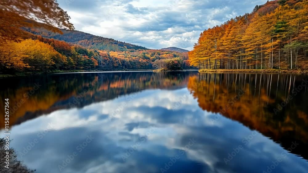 Autumnal Serenity: A Picturesque Lake Reflecting Golden Trees