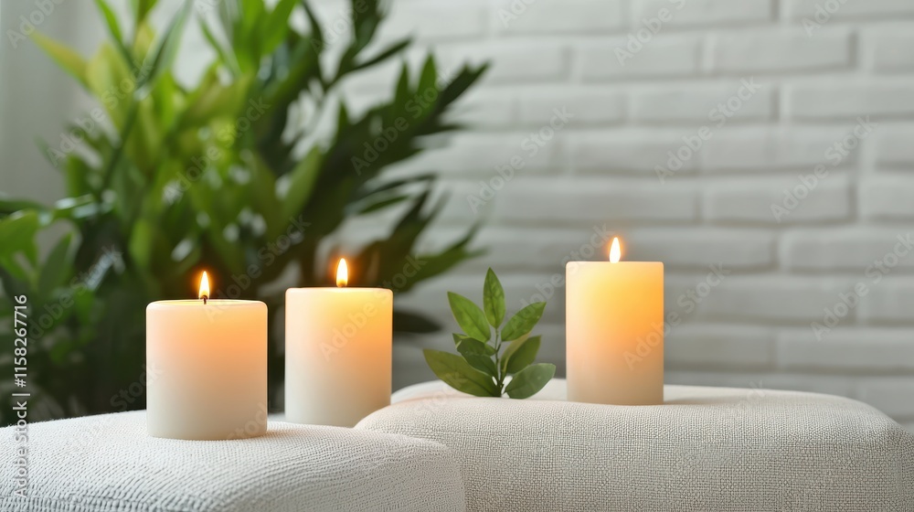 Three lit candles softly glow on a textured surface, surrounded by lush greenery and a serene atmosphere, enhancing a calming interior setting. Three lit candles softly glow on a textured surface, surrounded by lush greenery and a serene atmosphere, enhancing a calming interior setting.