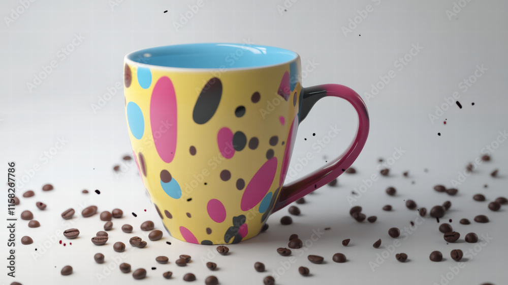 Fototapeta premium colorful coffee mug with vibrant design sits among scattered coffee beans, creating lively and inviting atmosphere for coffee lovers